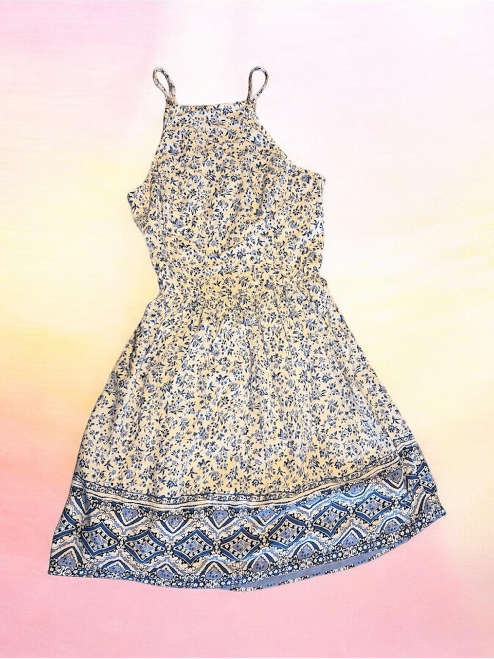 Hollister Blue & White Floral Lace Up Skater Dress Size S